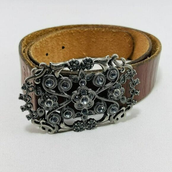 Fossil Genuine Leather Belt Women Sz M Medallion Studded Buckle Retro Western - Picture 2 of 12